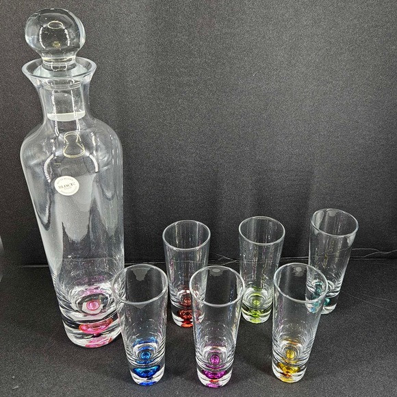 Block Crystal Multicolor Liquor Bar Barware Decanter 6 Cordial Glasses Set - Picture 2 of 3